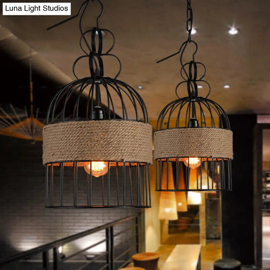 Black Iron Vintage Birdcage Pendant Lamp With Single-Bulb And Hemp Rope