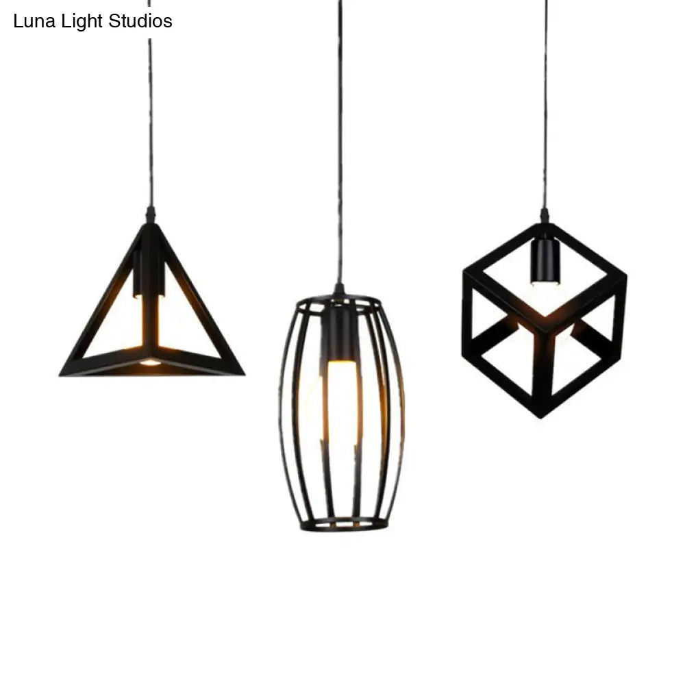 Black Vintage Geometric Pendant Ceiling Light - Single-Bulb Metal Suspension Lamp