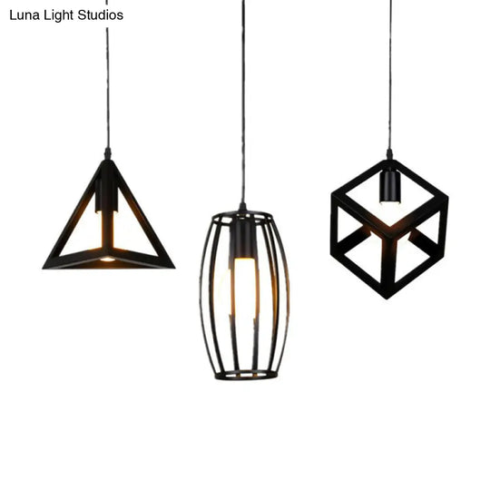 Black Vintage Geometric Pendant Ceiling Light - Single-Bulb Metal Suspension Lamp