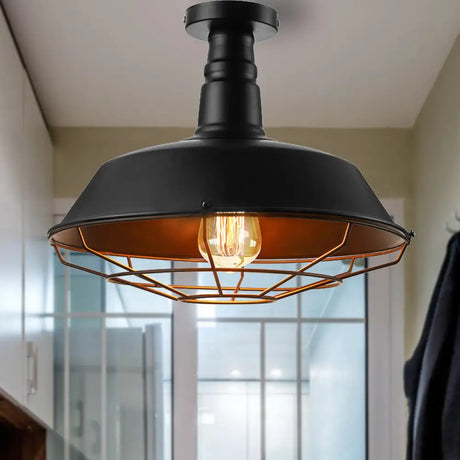 Black Vintage Metal Cage Ceiling Light Semi Flush Mount Indoor 1-Head Lighting With Barn Shade -
