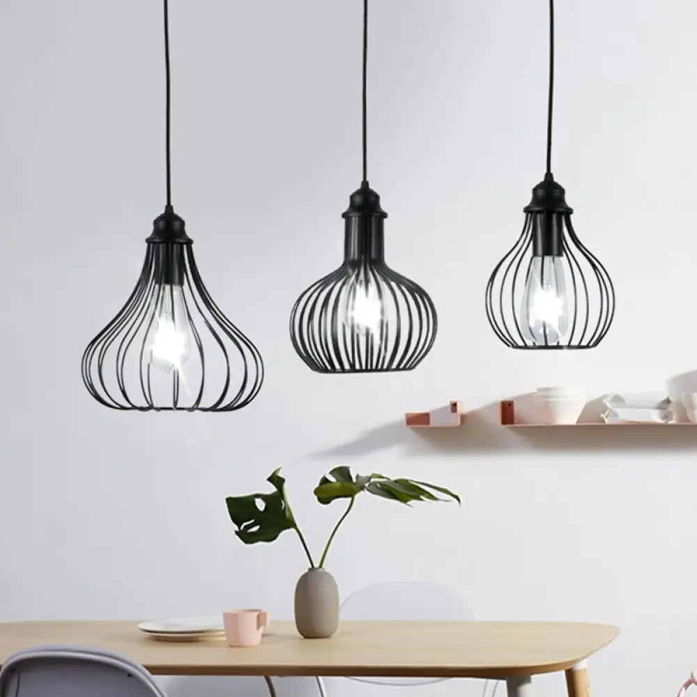 Black Vintage Onion Caged Pendant Light Fixture With 3 Bulbs - Metal Hanging For Restaurants
