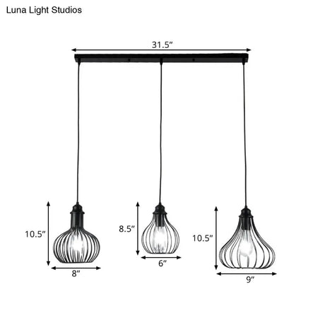 Black Vintage Onion Caged Pendant Light Fixture With 3 Bulbs - Metal Hanging For Restaurants