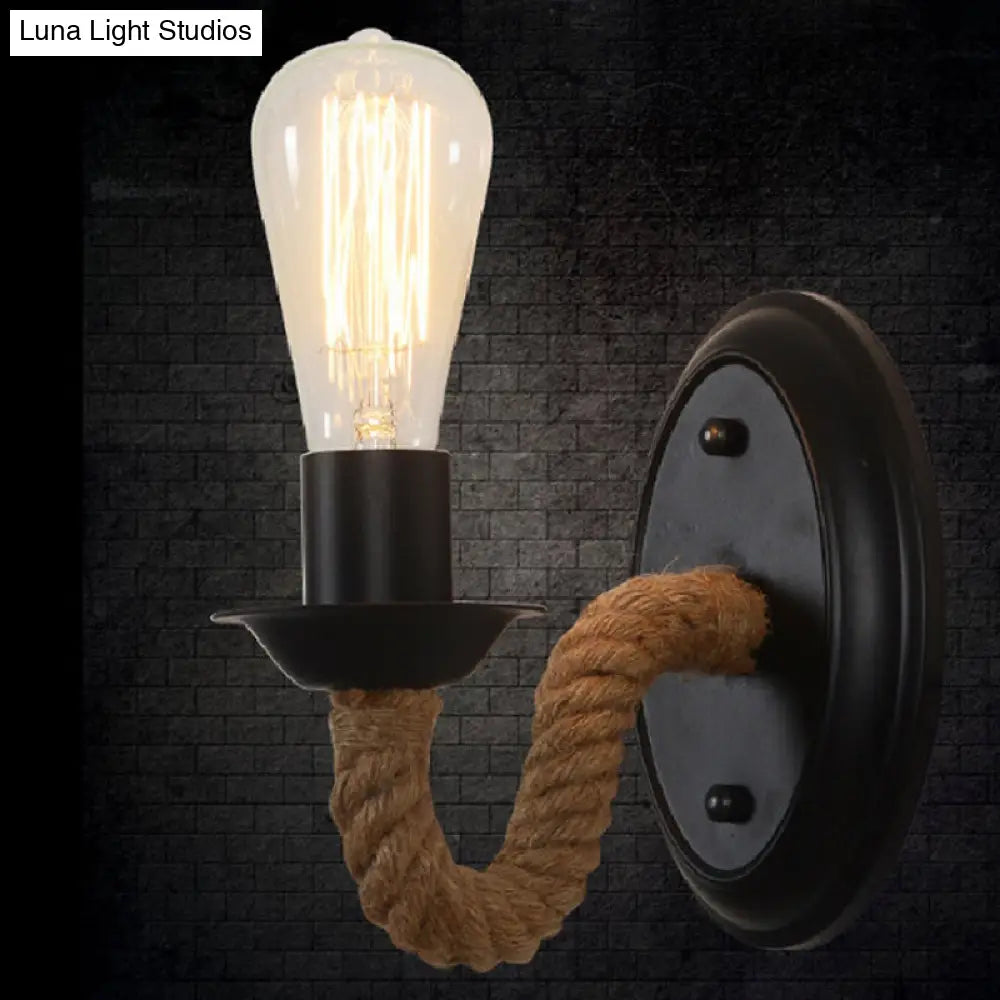 Black Wall Light With Curved Rope Arm - Lodge Metal Oval/Round Backplate And 1 Bulb
