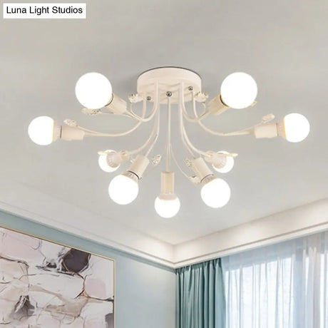 Black/White/Gold Metal Curved Arms Semi Flush Mount Light - Nordic Style 6/9 Lights Bedroom Ceiling
