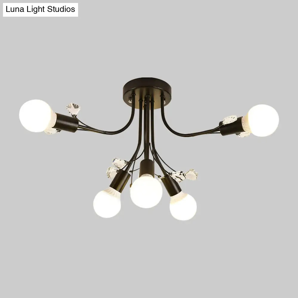 Black/White/Gold Metal Curved Arms Semi Flush Mount Light - Nordic Style 6/9 Lights Bedroom Ceiling