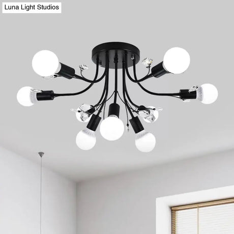 Black/White/Gold Metal Curved Arms Semi Flush Mount Light - Nordic Style 6/9 Lights Bedroom Ceiling