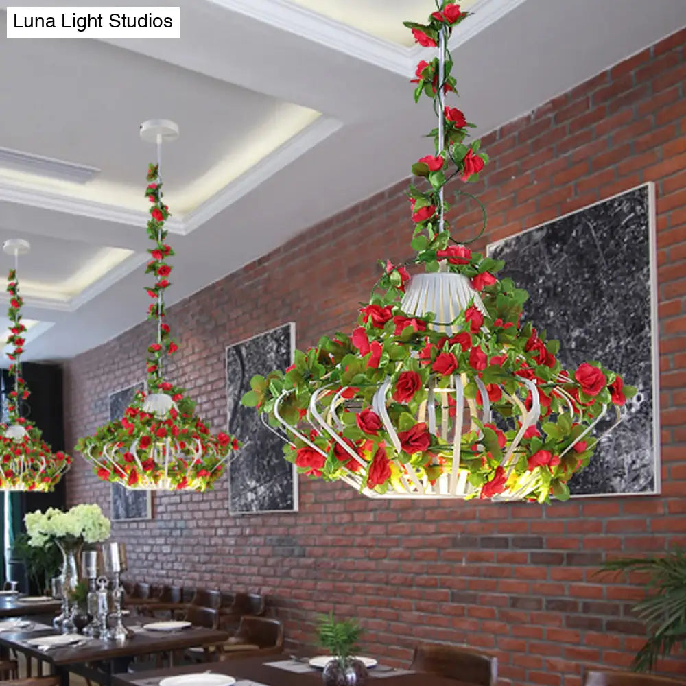 Black/White Metal Cage Hanging Lamp - Antique Style Led Pendant With Flower Decor For Restaurants