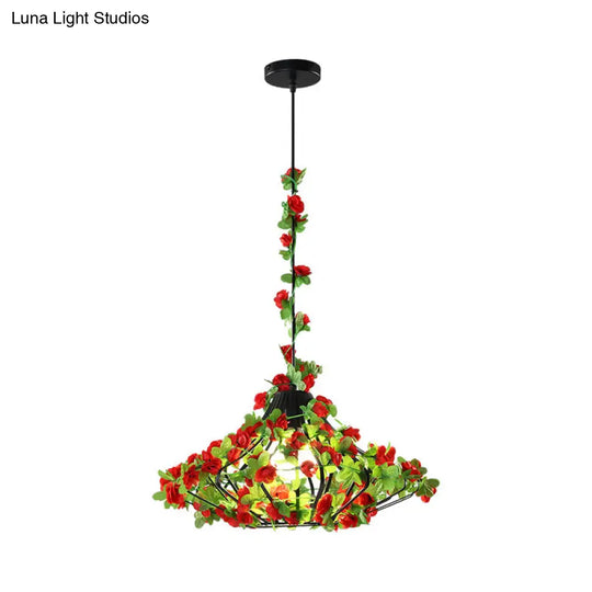 Black/White Metal Cage Hanging Lamp - Antique Style Led Pendant With Flower Decor For Restaurants