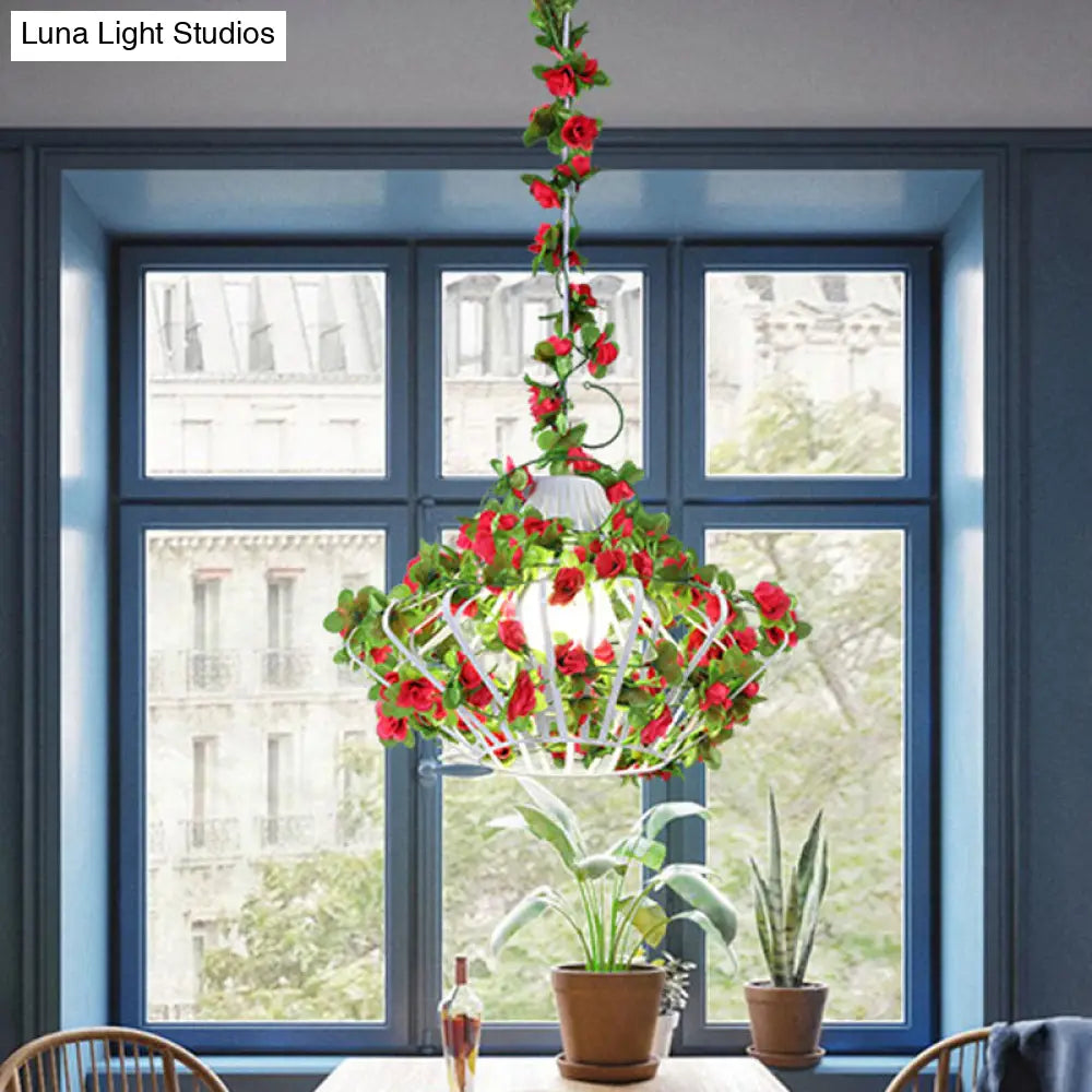 Antique Black/White Metal Cage Hanging Lamp With Flower Decor - Led Suspension Pendant For