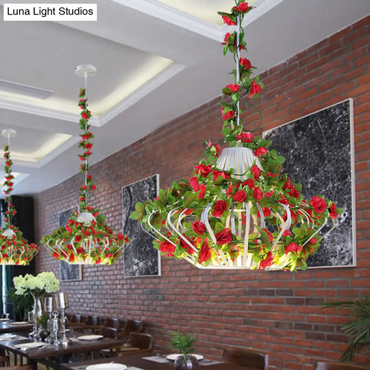 Antique Black/White Metal Cage Hanging Lamp With Flower Decor - Led Suspension Pendant For