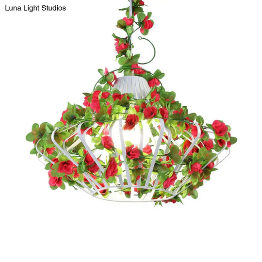 Black/White Metal Cage Hanging Lamp - Antique Style Led Pendant With Flower Decor For Restaurants
