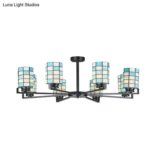 Black/White Stained Glass Semi Mount Cylinder Ceiling Light - 3/6/8 Lights Baroque Style