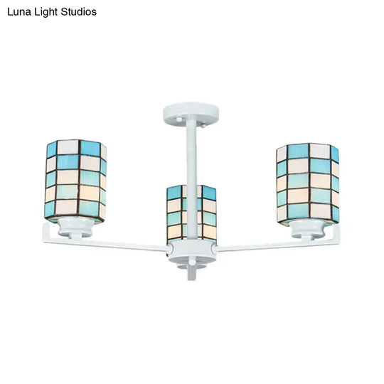Black/White Stained Glass Semi Mount Cylinder Ceiling Light - 3/6/8 Lights Baroque Style