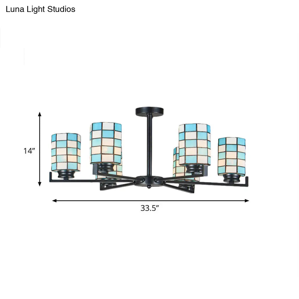 Black/White Stained Glass Semi Mount Cylinder Ceiling Light - 3/6/8 Lights Baroque Style