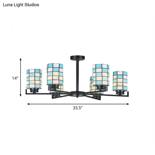 Black/White Stained Glass Semi Mount Cylinder Ceiling Light - 3/6/8 Lights Baroque Style