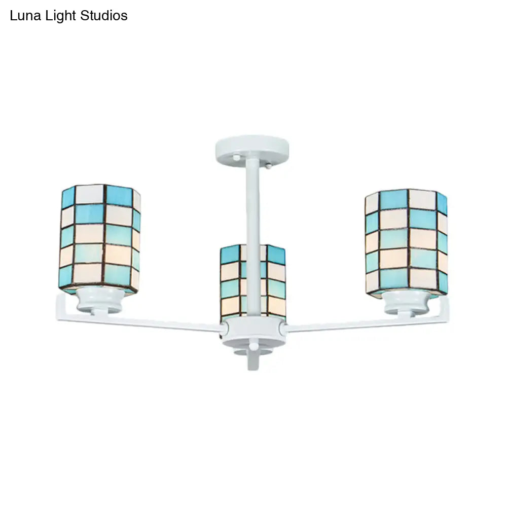 Black/White Stained Glass Semi Mount Cylinder Ceiling Light - 3/6/8 Lights Baroque Style