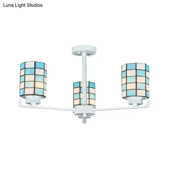 Black/White Stained Glass Semi Mount Cylinder Ceiling Light - 3/6/8 Lights Baroque Style