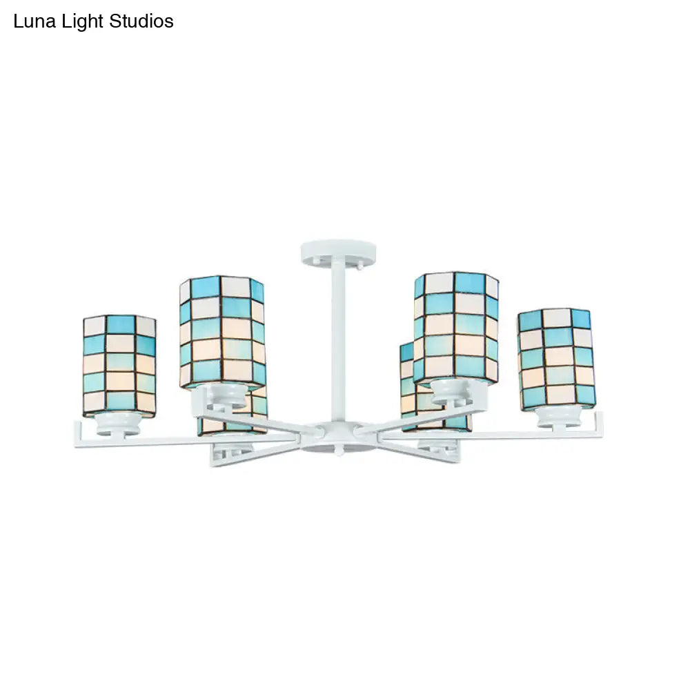 Black/White Stained Glass Semi Mount Cylinder Ceiling Light - 3/6/8 Lights Baroque Style 6 / White