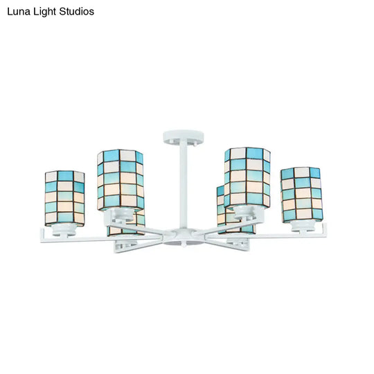 Black/White Stained Glass Semi Mount Cylinder Ceiling Light - 3/6/8 Lights Baroque Style 6 / White