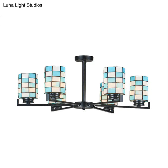 Black/White Stained Glass Semi Mount Cylinder Ceiling Light - 3/6/8 Lights Baroque Style