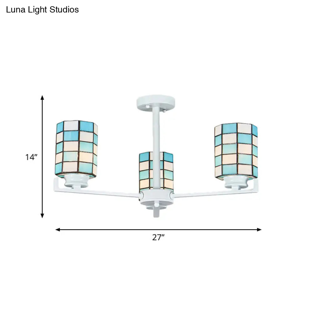 Black/White Stained Glass Semi Mount Cylinder Ceiling Light - 3/6/8 Lights Baroque Style