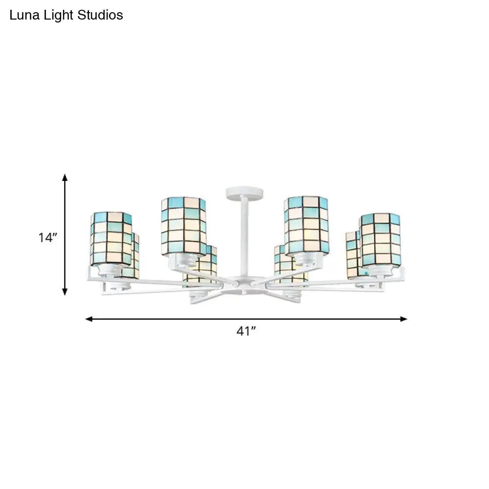 Black/White Stained Glass Semi Mount Cylinder Ceiling Light - 3/6/8 Lights Baroque Style