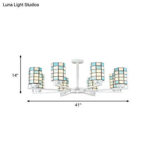 Black/White Stained Glass Semi Mount Cylinder Ceiling Light - 3/6/8 Lights Baroque Style