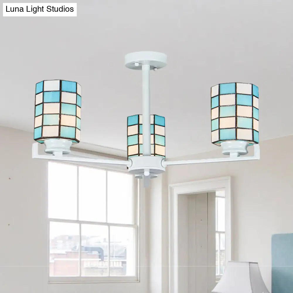 Black/White Stained Glass Semi Mount Cylinder Ceiling Light - 3/6/8 Lights Baroque Style 3 / White