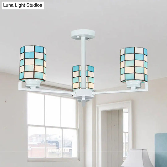 Black/White Stained Glass Semi Mount Cylinder Ceiling Light - 3/6/8 Lights Baroque Style 3 / White