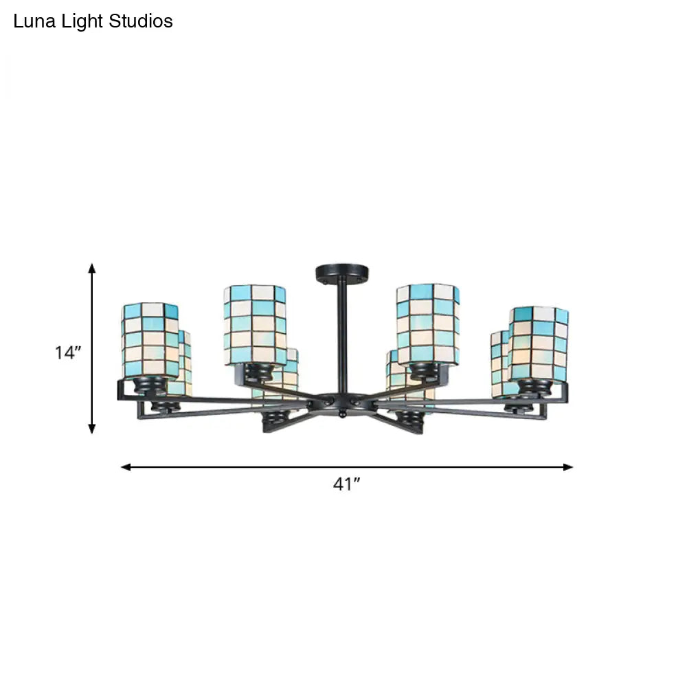 Black/White Stained Glass Semi Mount Cylinder Ceiling Light - 3/6/8 Lights Baroque Style
