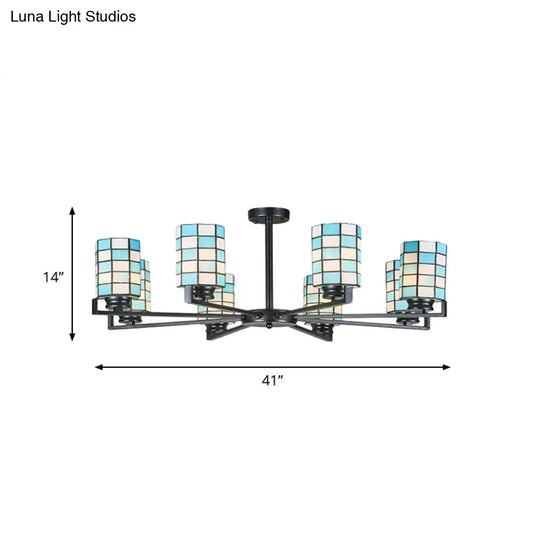 Black/White Stained Glass Semi Mount Cylinder Ceiling Light - 3/6/8 Lights Baroque Style