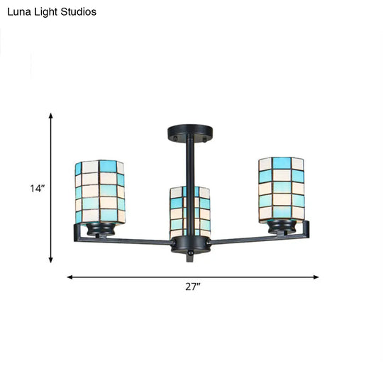 Black/White Stained Glass Semi Mount Cylinder Ceiling Light - 3/6/8 Lights Baroque Style