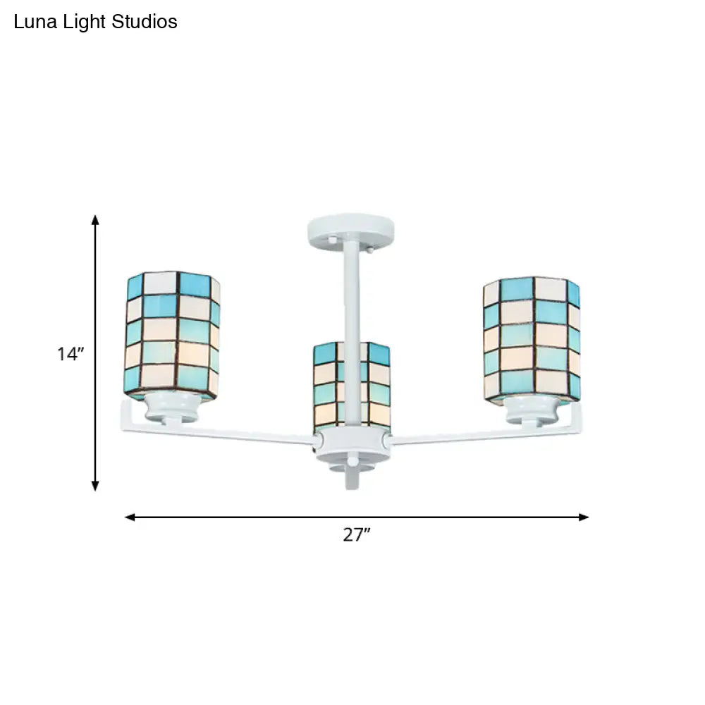 Black/White Stained Glass Semi Mount Cylinder Ceiling Light - 3/6/8 Lights Baroque Style