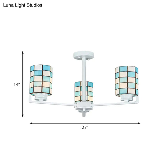 Black/White Stained Glass Semi Mount Cylinder Ceiling Light - 3/6/8 Lights Baroque Style