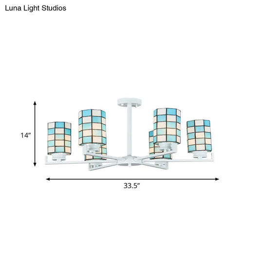 Black/White Stained Glass Semi Mount Cylinder Ceiling Light - 3/6/8 Lights Baroque Style