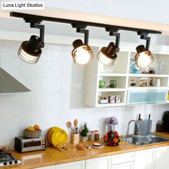 Black Wire Cage Semi Flush Mount Ceiling Light - Nordic Style 4-Bulb Metal Track Lamp For Dining