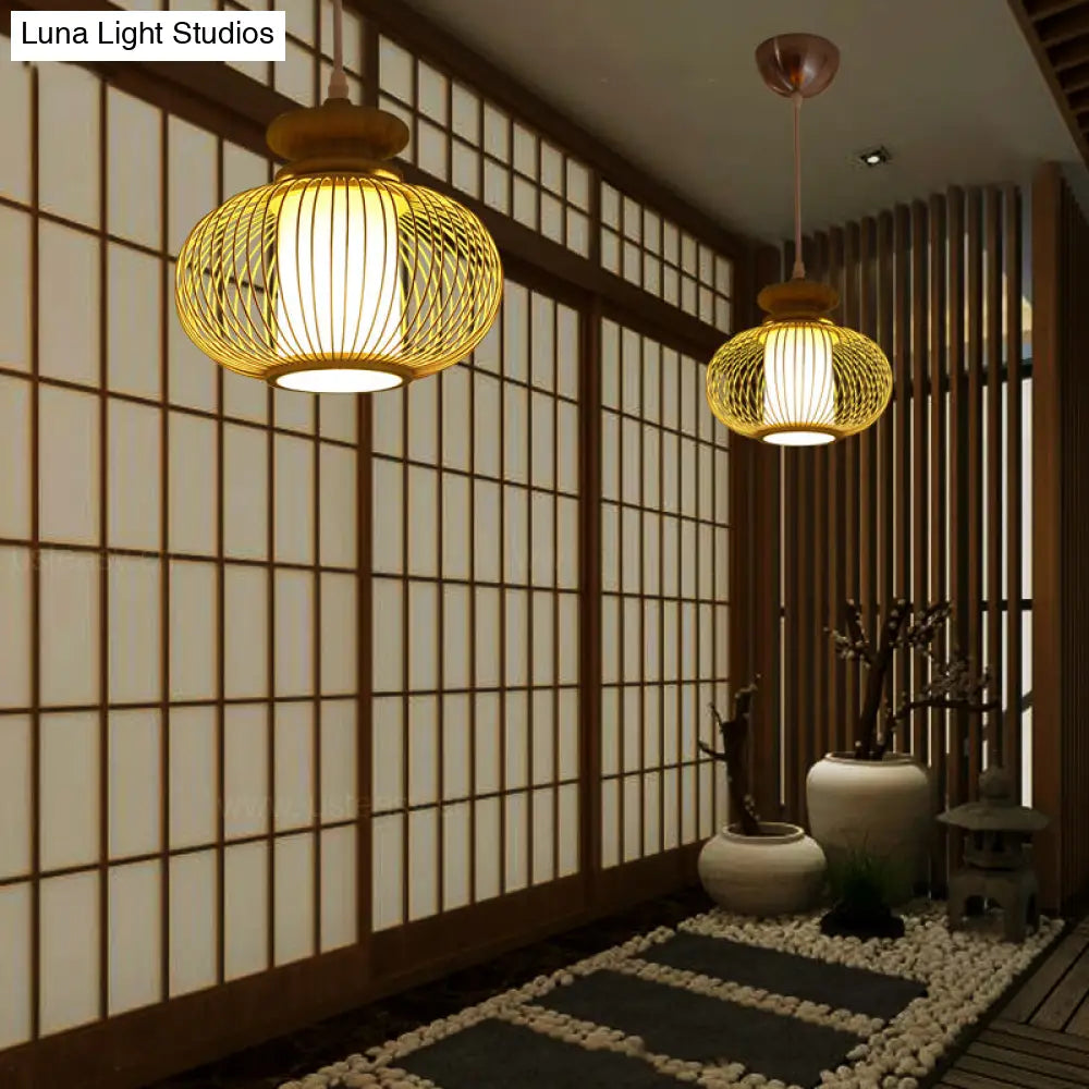 Black/Wood Bamboo Urn Pendant Light Fixture For Bedroom - 10’/12’ Wide