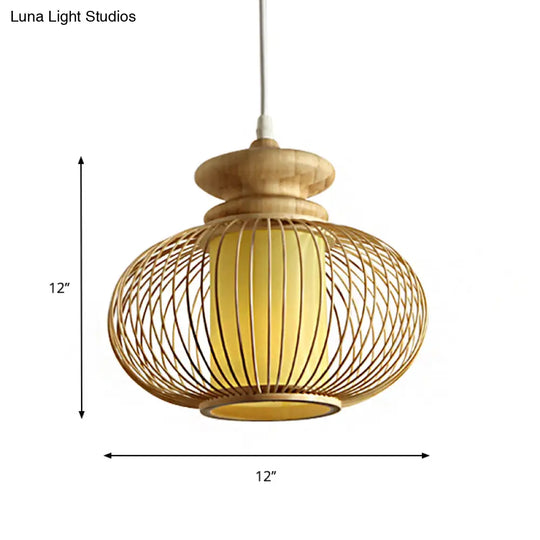Tradition Bamboo Urn Pendant Lighting Kit For Bedroom - Black/Wood Hanging Lamp 1 Bulb 10/12 Wide