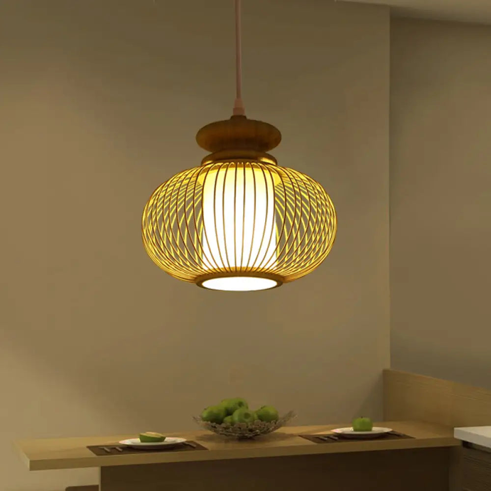 Tradition Bamboo Urn Pendant Lighting Kit For Bedroom - Black/Wood Hanging Lamp 1 Bulb 10/12 Wide