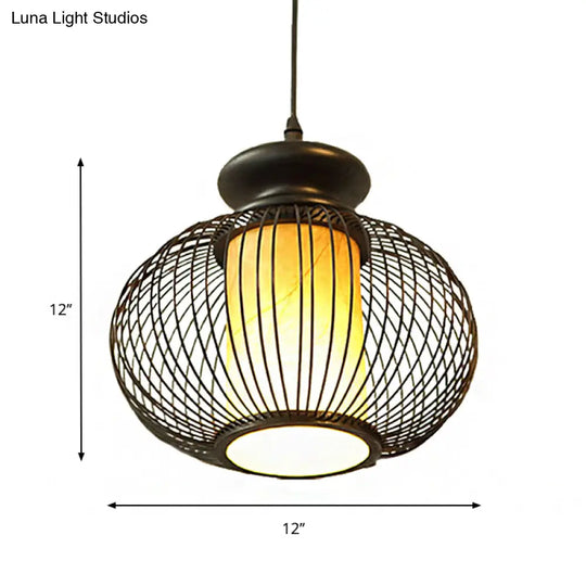 Black/Wood Bamboo Urn Pendant Light Fixture For Bedroom - 10’/12’ Wide