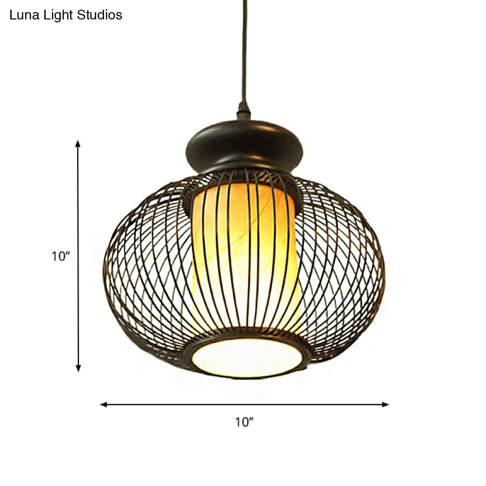 Tradition Bamboo Urn Pendant Lighting Kit For Bedroom - Black/Wood Hanging Lamp 1 Bulb 10/12 Wide
