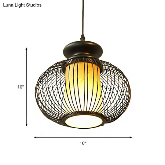 Tradition Bamboo Urn Pendant Lighting Kit For Bedroom - Black/Wood Hanging Lamp 1 Bulb 10/12 Wide
