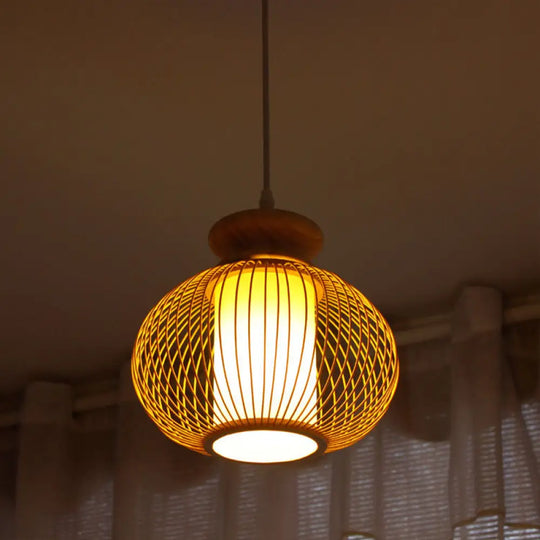 Black/Wood Bamboo Urn Pendant Light Fixture For Bedroom - 10’/12’ Wide Wood / 10’