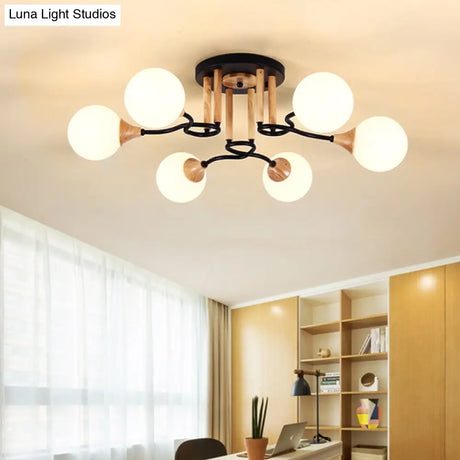 Black & Wood Sphere Semi Flush Mount Light - Modern 3/6 Lights Opal Glass Ceiling Lamp