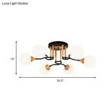 Black & Wood Sphere Semi Flush Mount Light - Modern 3/6 Lights Opal Glass Ceiling Lamp