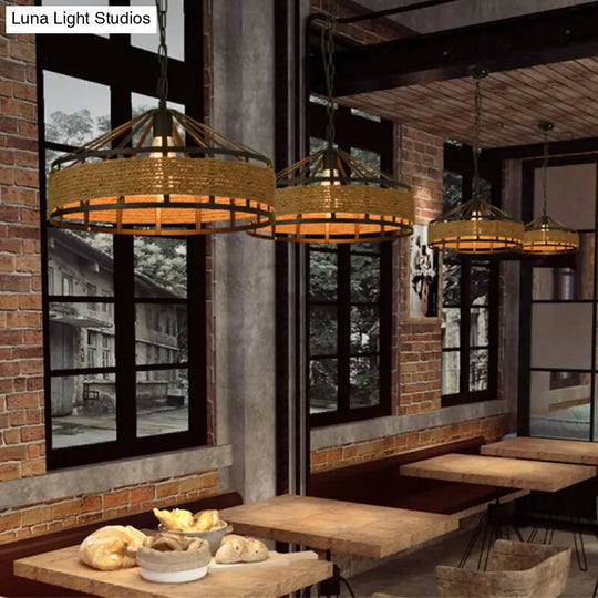 Modern Black Yurt Pendant Ceiling Lamp - Loft Hemp Rope 1-Bulb Hanging Light For Dining Room