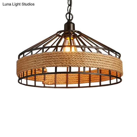 Black Yurt Loft Hemp Rope Pendant Ceiling Lamp - 1 Bulb Hanging Light For Dining Room