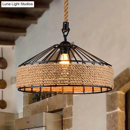 Modern Black Yurt Pendant Ceiling Lamp - Loft Hemp Rope 1-Bulb Hanging Light For Dining Room
