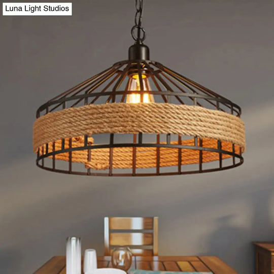 Black Yurt Loft Hemp Rope Pendant Ceiling Lamp - 1 Bulb Hanging Light For Dining Room