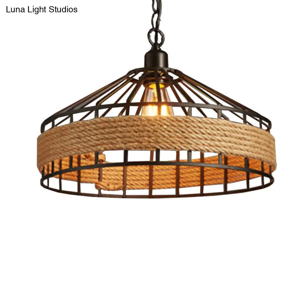 Modern Black Yurt Pendant Ceiling Lamp - Loft Hemp Rope 1-Bulb Hanging Light For Dining Room